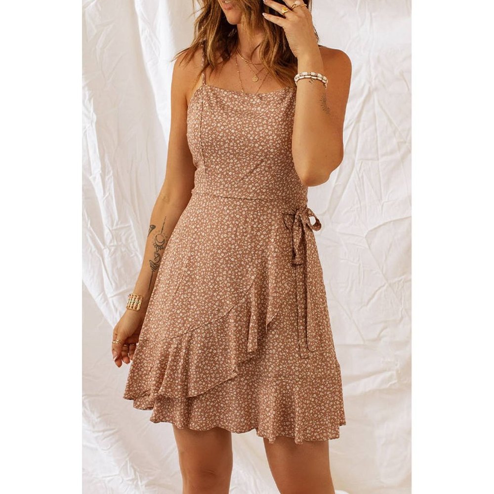 Khaki Spaghetti Straps Ruffled Hem Floral Dress